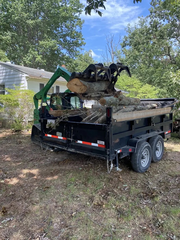 Tree removal debris and large logs loaded into a dump trailer using a grapple in Archdale, NC